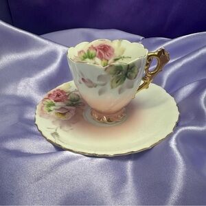 Occupied Japan Vintage Teacup Saucer Pink Floral Gold Trim Porcelain